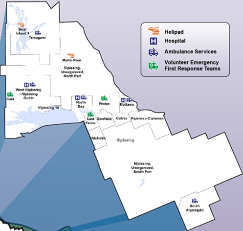 Nipissing District Map showing the types of Paramedic Services available in each municipality.