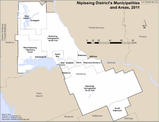 Map of Nipissing District identifying each member municipality.