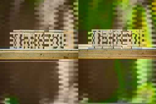Wooden Scrabble tokens spelling out "THANK YOU"  on a 2 x 4  plank of wooden.  The background is blurred out green & brown smudge, likely outdoors.