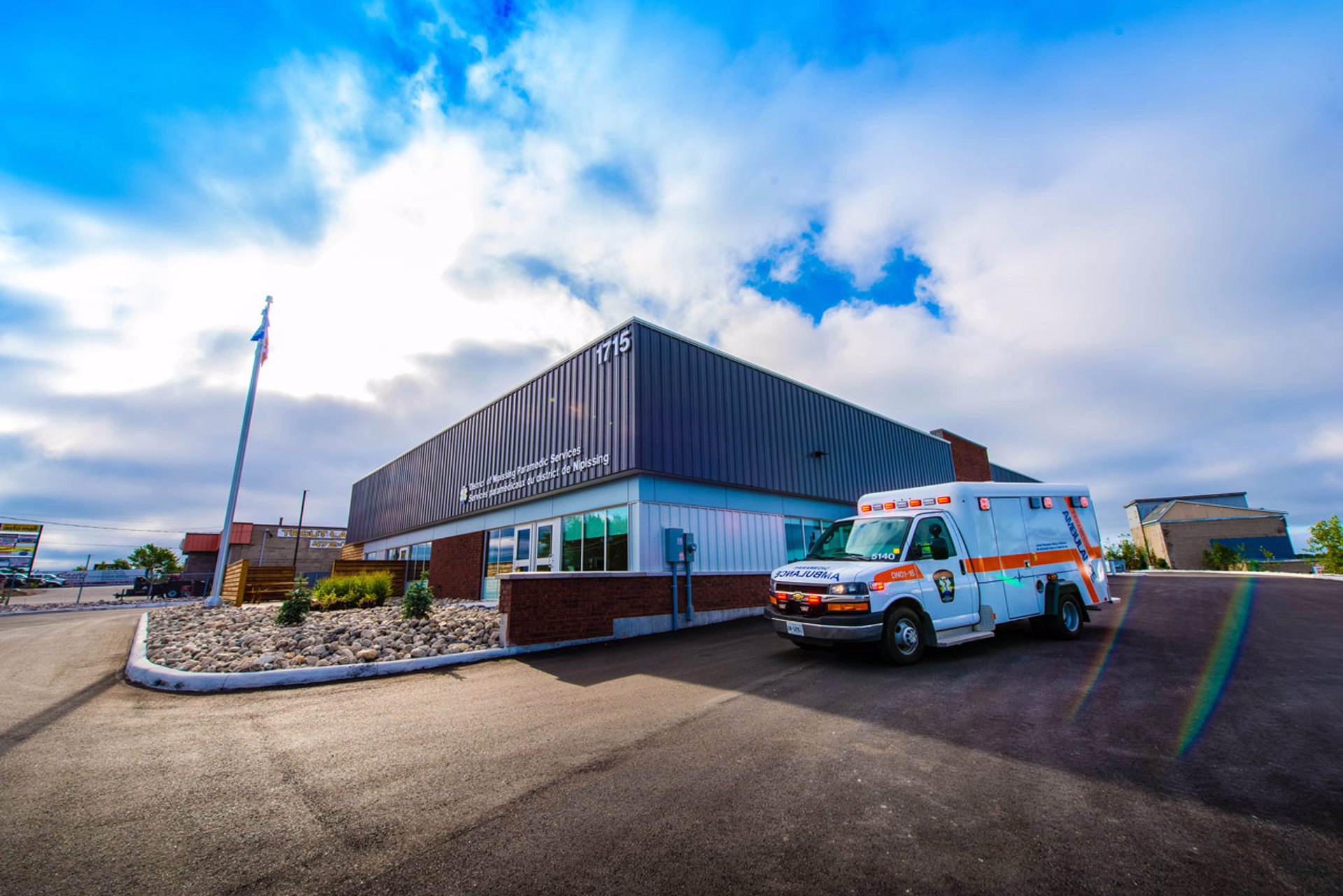 One District of Nipissing ambulance beside the North Bay Paramedic Services Base